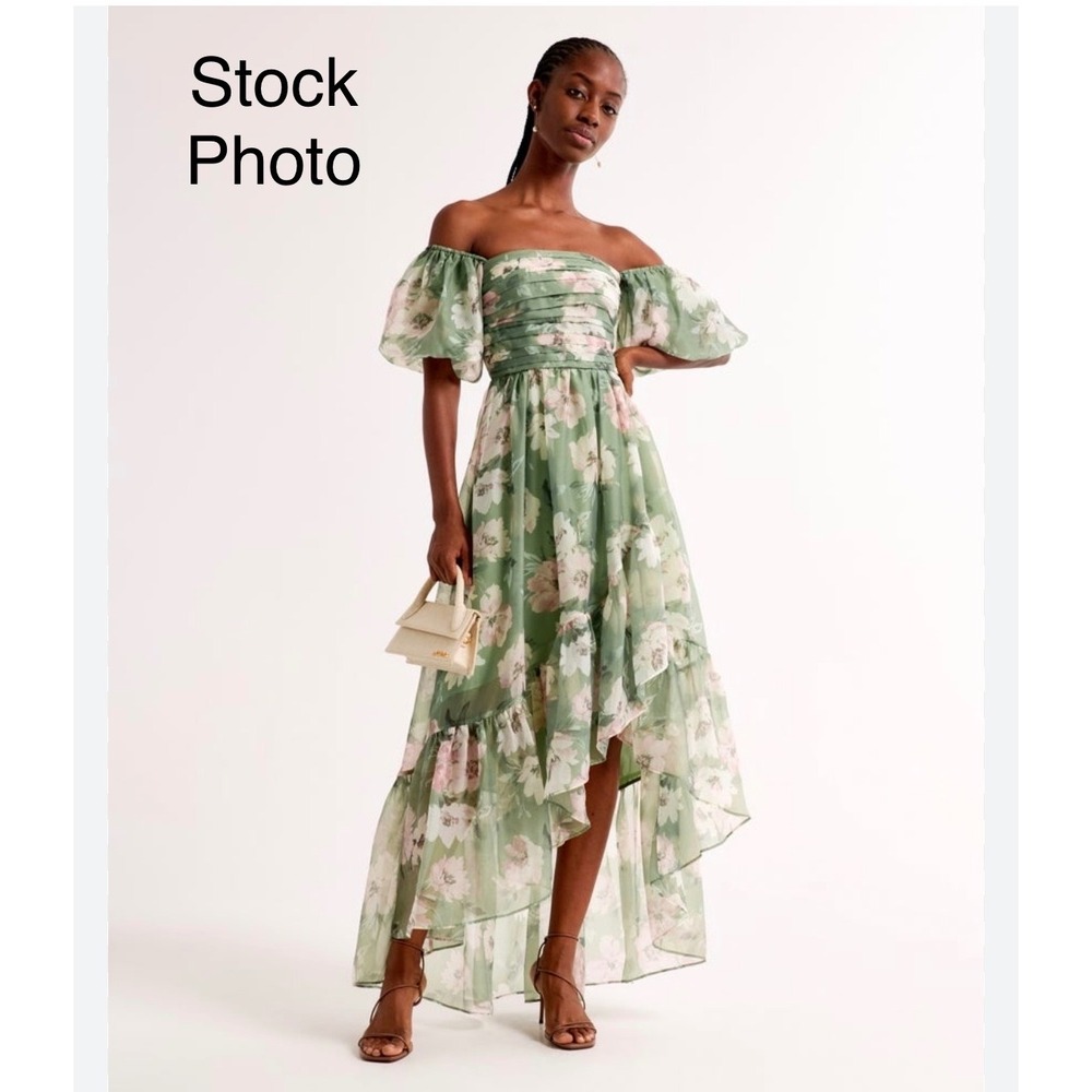 Abercrombie & Fitch Emerson Puff Sleeve Floral High Low Midi Dress Green Sz XLP